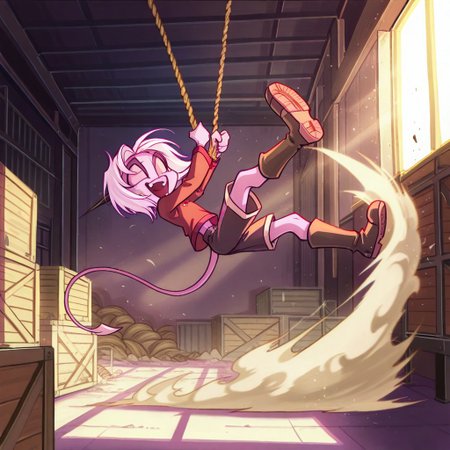 score_9, score_8_up, score_7_up,namah_calah,
1girl,solo,furry,tail, source_furry,horns,
 ,<lora:namah_calah_illustrious:0.8>,
child, kid, 
girl, rope, swinging, warehouse, shorts, shirt, boots, sunlight, beams, dust, laughing, crates, motion_blur, industrial_tones  
Note: She’s swinging on a thick rope in an old warehouse, shorts and shirt flapping, boots kicking as she laughs, sunlight streaming through beams onto dusty crates below.