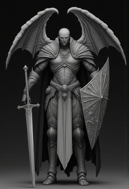 MikeFranchinastyle, d4artstyle, d4concept, , bbstyle,, horror theme,, zbrush, ZBClay model of a gray sculpture, 1990's, 1990's style
Set against a solid dark color background to emphasize its unsettling unnatural form that emphasizes its silhouette. The medium is not a traditional painting or illustrative medium like watercolor or ink but rather a digital 3D rendering.
A feathered knight with a cape, holding a templar shield, and a gladiator sword