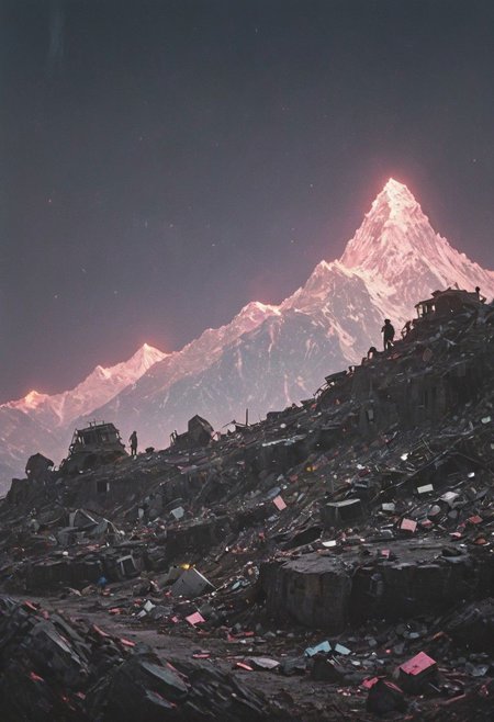 detailed colorful sketch by herg, n-eeyblch, neon-pastel Dark photo, Create a short story inspired by the photo of dystopian Himalayan Sherpas hauling a pile of old computers and electronic waste up a desolate mountain, with the vast landscape and a broken moon in the background.