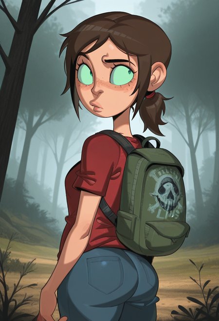 j0j0, masterpiece, best quality, solo, ellie\(the last of us\), green eyes, ponytail, freckles,  eyebrow raised, wooded area, trees, backpack,,  red shirt,