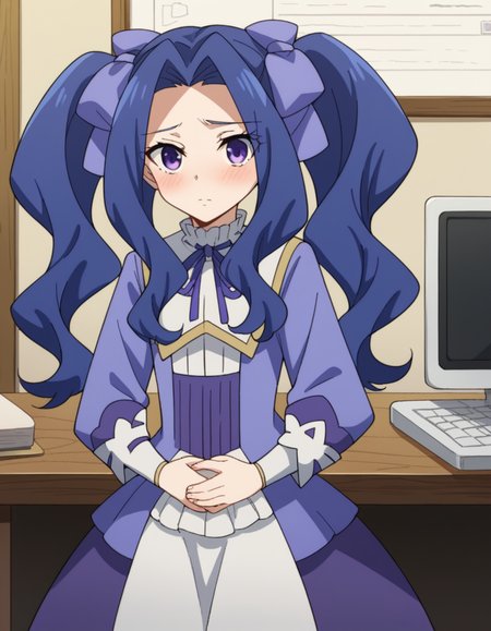 score_9, score_8_up, score_7_up, source_anime, <lora:melty-q-melromarc-s1-ponyxl-lora-nochekaiser:1>, melty q melromarc, long hair, ribbon, twintails, blue hair, purple eyes, hair ribbon, purple ribbon, parted bangs,, long sleeves, dress, frills, ribbon trim, purple dress,, cubicle, desk, computer, partition, workspace, , hands on stomach, blush,, looking at viewer, solo,, dutch angle, cowboy shot