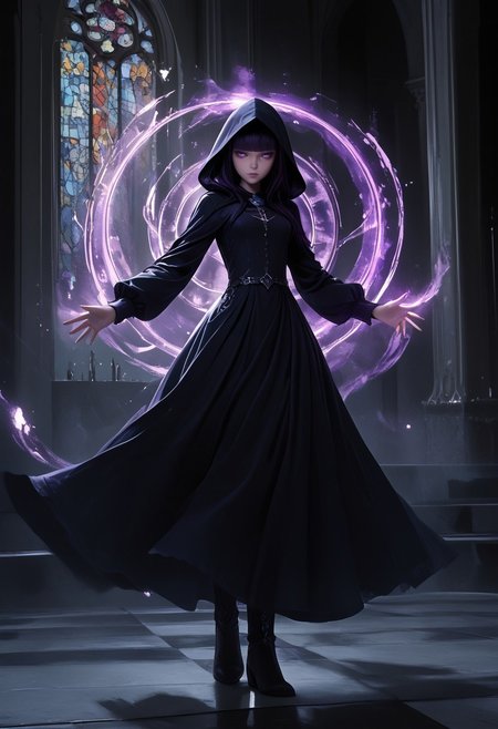 score_9, score_8_up, score_7_up, score_6_up, k9r0, Darmagmb, very aesthetic, detailed face, full body, action shot BREAK 1girl, 25 years old, action pose, dark aura, casting spell, magical, purple spell, purple magic, Spell rings, purple aura, dark aura, purple magic circles, cute face, purple eyes, skinny body, black hair, blunt bangs, hime cut, black dress, long dress, long sleeves, hood, cloak, boots BREAK indoors, old castle, hall with artifacts, old books,