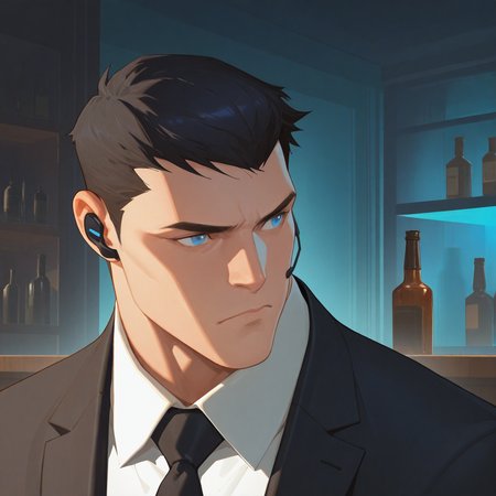 <lora:BATMAN_DCAMU:1> batman_dcamu, solo, black hair, 1boy, male focus, necktie, indoors, blue eyes, looking to the side, frown, formal, suit, bottle, portrait, manly, earpiece, bar (place), short hair, shirt, white shirt, upper body, black necktie, detailed background, motion blur, film grain, abstract, natural lighting, fantasy, cinematic, very awa, masterpiece, best quality, absurdres, newest, perfect quality, detailed background, intricate details, (artist:fl \(l-fl\):0.7), (artist:tooboshoo:0.7), (artist:dizdoodz:0.8)