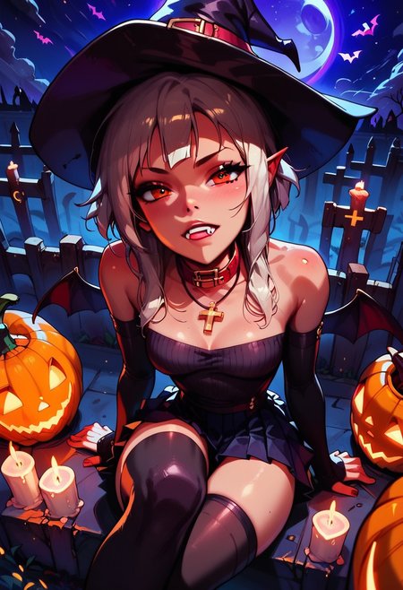 score_9, score_8_up, score_7_up, score_6_up.
break;
Ana, perfect face, witch, red eyes, 
bobbed hair, white hair, black ribbon, orange witch hat, red collar, cross necklace, black off the shoulder knitted sweater, pleated skirt, thigh highs, elbow sleeves, 
Break;
Ana is sitting legs crossed on a headstone in a haunted graveyard, (Halloween night), dark, shadows, from above. Floating ghosts, fog, candle light, night sky, enchanted moon, (pumpkins), (jack-o-lanterns).
Break;
easynegative, Expressiveh, g0thicPXL, glowing, neon,