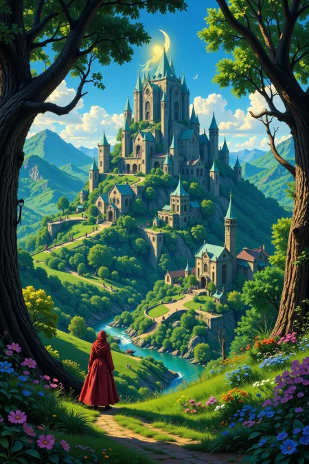 a druid city beautiful  landscape, noon, woman, very intricate, very detailed, sharp, bright, colorful, <lora:Hand v2:0.5> <lora:Anti-Blur:1><lora:Insane Detail Slider:0.25>  <lora:flux.1_lora_flyway_Epic-detail_v2:0.3> <lora:fluxenhancer:0.25> <lora:Anime_style:0.6> anime style