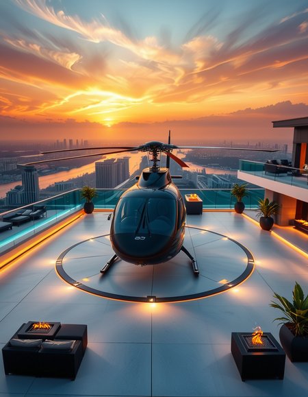 A high-resolution photo of a luxurious rooftop of a five-star hotel at sunset, featuring a sleek helipad with a high-end, matte-black private helicopter elegantly parked. The rooftop is designed with ultra-modern architecture, featuring a spacious terrace with infinity-edge glass railings, ambient lighting, and a panoramic city skyline in the background. The surface of the helipad is clean, polished concrete with clear illuminated markings. Surrounding the helipad, there are lounge areas with modern outdoor furniture, minimalist fire pits, and decorative planters with tropical greenery. The lighting is warm and golden, casting soft shadows and highlighting the contours of the helicopter and the textures of the rooftop. The sky is dramatic, painted with hues of orange, pink, and violet, creating a cinematic atmosphere of luxury and exclusivity. The overall mood is elite, calm, and aspirational, showcasing the ultimate in urban luxury lifestyle.
<lora:SDXLFaeTastic2400:0.4> <lora:extremely_detailed:0.4> extremely detailed, <lora:helipad_r00ft0p:1>,helipad r00ft0p, Masterpiece,best quality,hi res,8k,hi res,8k,award winning,(sharp focus, intricate, highly detailed),