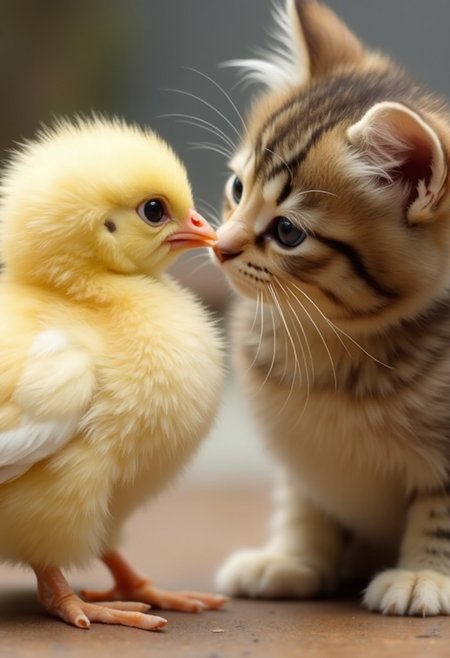 A fluffy yellow baby chick, a cute fluffy kitten soflty patting the baby chick's head with a paw in curiosity