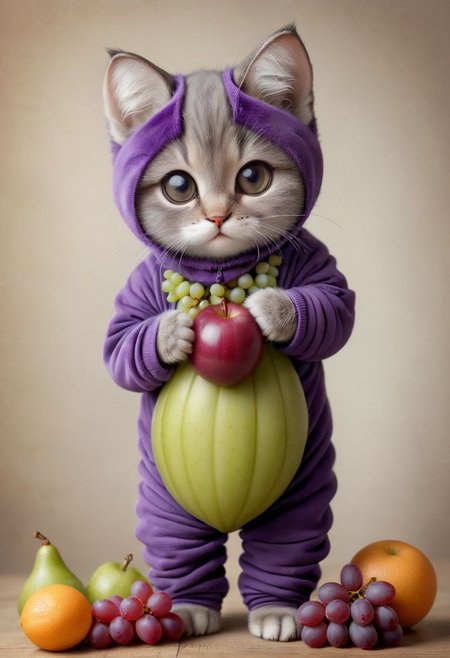 An award winning photo , a cute little baby cat,sitting around in a grape costume, (fruit) , (((cuteness overload))) <lora:add-detail-xl:1>,  <lora:WowifierXL-V2:1>, zhibi