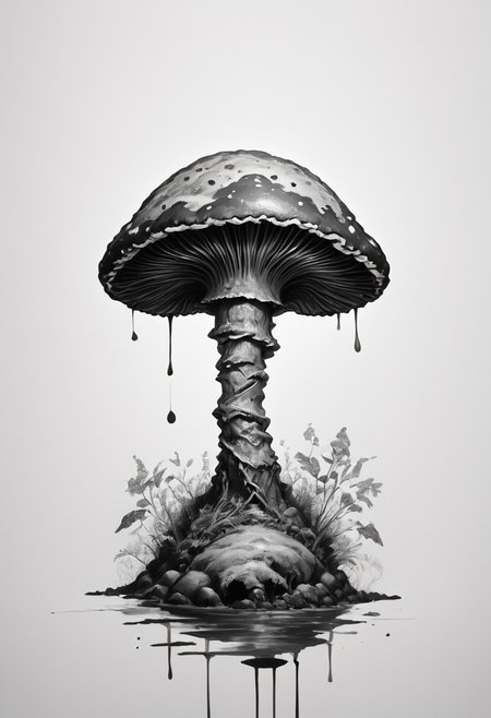 core_9, score_8_up, score_7_up, score_6_up, 
 intricate mushroom colony growing on an old decaying log, tiny miniature medieval style village beneath the mushrooms , monochrome, greyscale, minimalistic, white background, no humans, nature, traditional media, ink, solo, botanical.
ink-painting, ink wash,, ink wash painting,, white background,