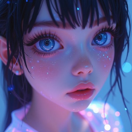 This is a highly detailed, digital artwork in a hyper-realistic style, showcasing a close-up portrait of a young anime woman. The subject has fair, smooth skin with a slight sheen, adorned with glittering, iridescent particles that shimmer in shades of blue, pink, and purple, giving a magical, ethereal quality. Her eyes are a striking blue, with long, thick eyelashes and a subtle, piercing gaze.