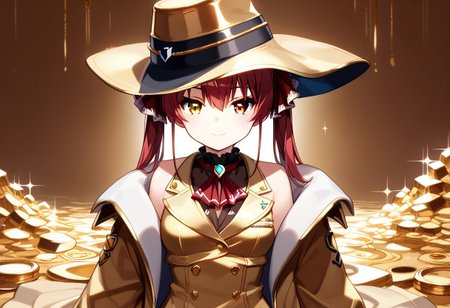 score_9, score_8_up, score_7_up, super aesthetic, rating:safe, rating:general, DeaverStyle, 1girl, solo, aua, red eyes, yellow eyes, heterochromia,  gold clothing, gold hat, fully-clothed, gloves, big coat, illustration, gold, cute, shiny skin, vivid colors, treasure room, gold treasure,