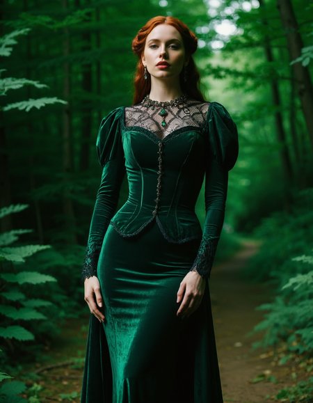 RAW full body analogue photo of a beautiful 20 years old woman, clear focus, 8K,__Random_Woman__,25-Attire-Styles, Gothic Revival style, historical grandeur, deep tones of forest green, stone textures, flourished patterns, and regal silhouettes that evoke the drama of ancient castles and courts.