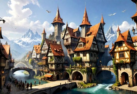 something with fantasy and D&D style, places and streets, regions and cities, special buildings, working people, animals, ultra high quality