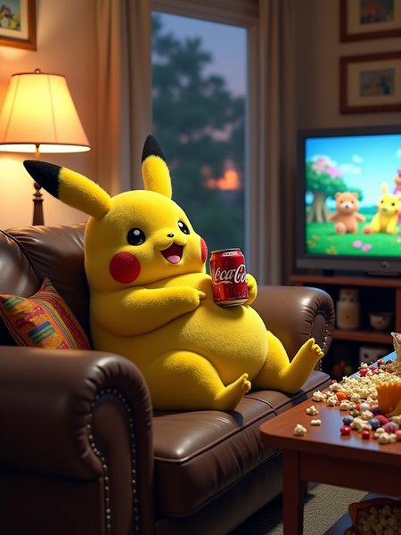 In a hyper-realistic living room, a chubby Pikachu lounges lazily on a well-worn leather sofa, exuding an air of comfort and relaxation. The room is softly illuminated by the warm glow of a vintage floor lamp, casting gentle shadows that enhance the details of the space.

Pikachu's belly is noticeably round, spilling slightly over its waistband, giving it an endearing, relatable quality. Its fur is depicted with incredible detail; each individual hair is visible, showcasing a rich palette of deep yellows and soft browns, with the occasional hint of gray around its ears and cheeks—signs of its middle age. Pikachu's eyes sparkle with satisfaction as it holds a chilled can of Coca-Cola, condensation glistening on the surface, emphasizing the refreshing beverage's coldness.

The coffee table is cluttered with snacks: a mix of colorful candies, chips, and an open bag of popcorn, scattered across the surface and Pikachu's belly, creating a casual, lived-in vibe. The television in the background is playing a classic scene from "Pokémon," with familiar characters and vibrant animations flashing across the screen, captivating Pikachu's attention. It occasionally glances at the screen with a happy smile, fully immersed in the enjoyment.

The walls are adorned with framed photos capturing Pikachu's adventures with friends, and a few plush toys sit on a nearby shelf, reflecting its interests and hobbies. A window reveals the soft glow of twilight outside, with the last rays of sunlight filtering in, adding a warm hue to the entire room, as if time has paused in this cozy moment.

This scene captures Pikachu in a charming and relatable moment, portraying a delightful and realistic side of the beloved character, making it feel like a friend you'd want to share snacks and stories with.