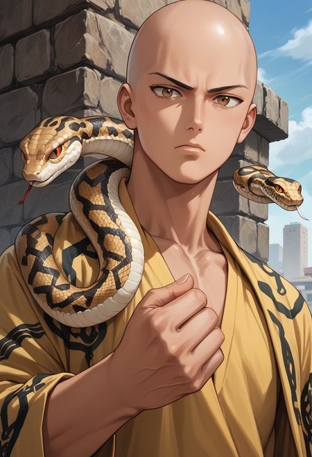 score_9,score_8_up,score_7_up,score_6_up,score_5_up,source_anime,1man, saitama, bald, brown eyes 30yo, standing, one hand ready to strike , clenched fist, bored, snake, snake on shoulders,