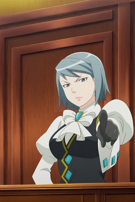 anime screencap,anime coloring,detailed face,masterpiece,best quality,very aesthetic,absurdres,amazing quality,ultra detailed,highres,amazing quality,scenery,beautiful detailed hair,beautiful detailed eyes,official anime artwork,<lora:Franziska von Karma-IL V1:1>,Franziska von Karma,1girl,solo,blue hair,vest,puffy sleeves,mole under eye,short hair,juliet sleeves,long sleeves,jewelry,gloves,white shirt,grey eyes,pointing at biewer,courtroom,looking at viewer,