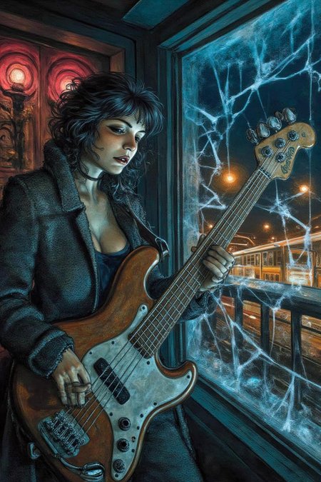 juangimenez1 illustration. 
A Russian woman playing bass guitar, her figure reflected in warped shop windows that fracture Moscow's neon-lit avenues into cubist shards. Soviet avant-garde meets cinematic realism--deep burgundy stage lights gild her cheekbones while cobalt street glare etches geometric shadows across a weathered Fender. Frost feathers the glass like lace, framing her silhouette between rippling instrument curves and ghostly Cyrillic graffiti. A wool coat slips off one shoulder as she bows, breath misting the pane where her reflection blurs into the amber glow of passing trams.
   <lora:juangimenez1_cap_d8a4e12:1.0><lora:857672179351852263:0>