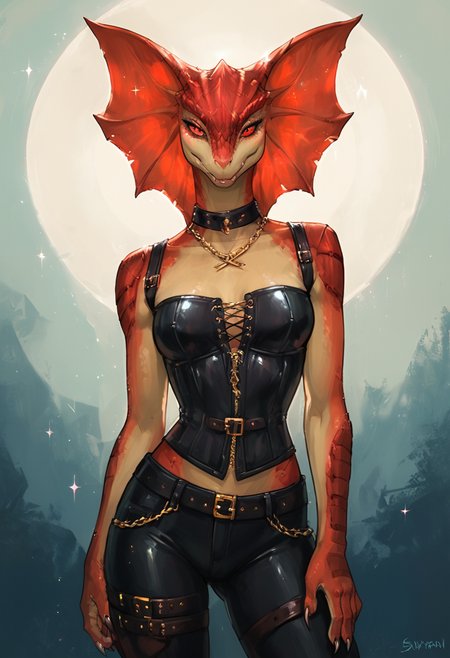 score_9, score_8_up, score_7_up, rating_explicit, source_furry, 1e2, ExpressiveH, solo, Divinity: Original Sin 2, Lizard, cyan scales, anthro, scalie, red eyes, eye shadow, jewelry, gold chain, 1girl, leather pants, straps, teasing expression, looking at viewer, opening corset, sparkles, g0thicPXL, glowing, neon
<lora:Expressive_H:0.5> <lora:add-detail-xl:1> <lora:xl_more_art-full_v1:1> <lora:Lizard_female_from_divinity_original_sin:1> <lora:1e2_r1:0.5>  <lora:g0th1cPXL:1>