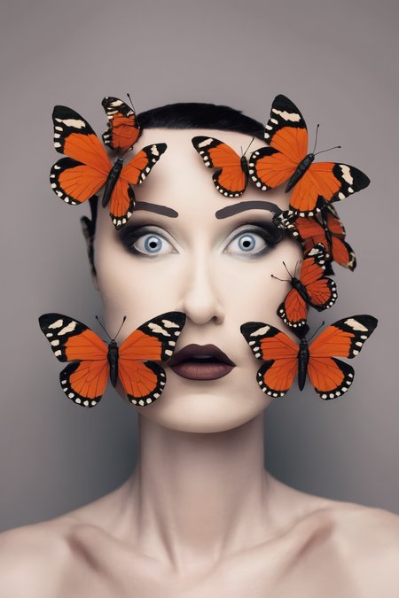 <lora:Photographer Flora Borsi Style:1>Photographer Flora Borsi Style - a woman with a lot of butterflies on her head is posing for a picture