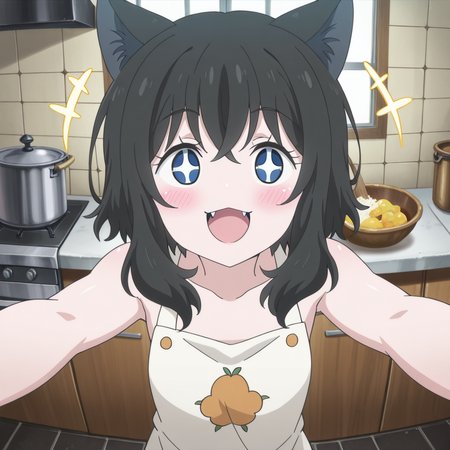 nsfw, masterpiece,best quality,amazing quality,1girl, solo, reincarnated_as_a_sword_fran, black hair, animal ears, fangs, cat ears, + +, blue eyes, open mouth, blush, smile, kitchen,<lora:Fran_-_Reincarnated_as_a_Sword:0.7>