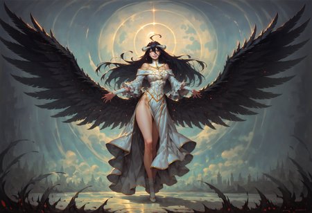 score_9, score_8_up, score_7_up, monster girl, albedo (overlord), intricate, gold trim, fringe, wings, thighs, otherworldly, albedo's outfit, Crystaline Peaks, demon, vibrant, high contrast, (atmospheric perspective:1.3), black hair, radiance, ephemeral, white and gold, solo  <lora:d4rk01lXLP:0.7> <lora:Anime Summer Days Style SDXL_LoRA_Pony Diffusion V6 XL:0.5>