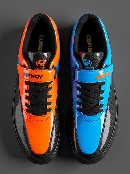 A pair of stylized cyberpunk sneakers with dual-tone orange and blue carbon fiber panels, shot from ground-level.



carbonfibermk.1

