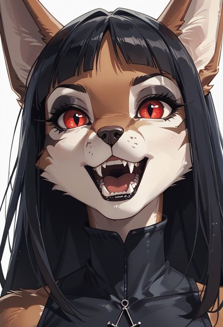 score_9, score_8_up, score_8, score_9, source_furry, perfect finger anatomy, perfect face, perfect eyes, perfect nose,(close up:2), unique angle, (perfect teeth), volumetric lighting, cinematic lighting, (solo, 1girl, furry, anthro, jackal:1.3), (vampire girl at the grim gothic castle:1.2)
BREAK 
((head down)), (wearing rich royal long gown), sunhat, cleavage, (vampire fangs), red eyes, black makeup, black lips, (dark black), (three tone body, gray shoulders, brown back and white chest), (athletic body), gothic windows, grim atmosphere, gothic castle,