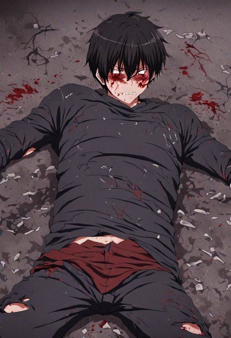 high resolution, solo, best quality, 1Boy, Kanie Seiya, Black Hair, fell down, revenged, conquered, dying, battered, bruised, OverallDetail