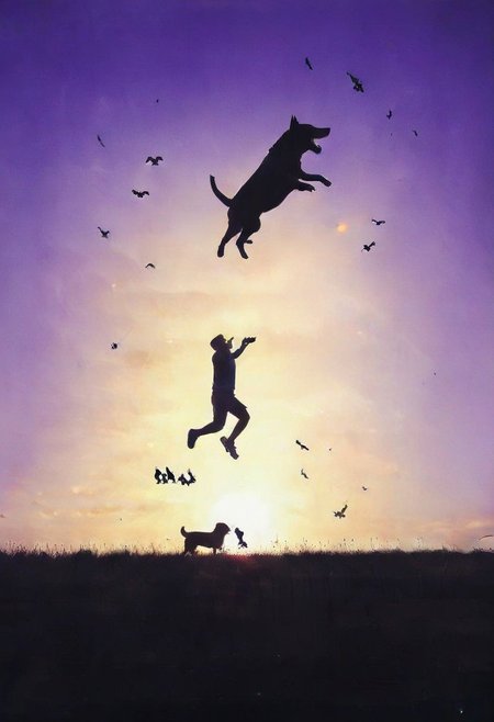 F-B-C, silhouette, foreground: dog head mouth open, background: man jumping, effect: man jumping into the dog's mouth