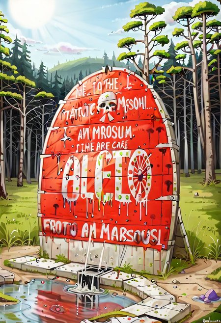 sign with the text" Croeso y llyn gellynoth. Oes yn y cont" billboard,  <lora:text:0.8>, falloutlandsdxl, picturesque lake surrounded by a forest but is in a polluted dystopian landscape, in the foreground there is , human fecal matter on the floor in small piles, puddle of human fecal waste written in it, atomic mushroom cloud in background