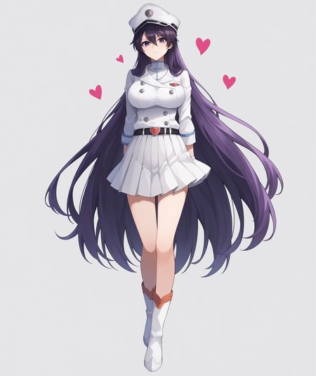 score_9, score_8_up, score_7_up, score_6_up, score_5_up, score_4_up, BREAK, source_anime, best quality, masterpiece, 2d, intricate details, official style, anime, 4k, anime style,
pbambietta, 1girl, solo, black hair, bangs, purple hair, purple eyes, hair between eyes, very long hair, brown eyes, long hair, breasts, large breasts,
skirt, long sleeves, hat, jacket, heart, pleated skirt, belt, uniform, groin, military, military uniform, white headwear, white jacket, white skirt, peaked cap, military hat, boots, white footwear, bambietta basterbine,
full body, looking at viewer, white background, simple background, <lora:add_details_xl:0.4>, <lora:Bambietta_Pony:1>
