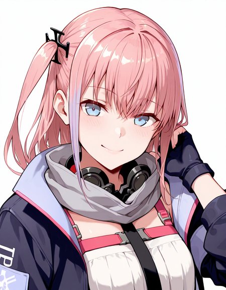 Volumetric Lighting, (masterpiece), (best quality), (ultra-detailed), masterpiece, source_anime, score_9, score_8_up, score_7_up BREAK, illustration, disheveled hair, detailed eyes, perfect composition, moist skin, intricate details BREAK, AR15, pink hair, blue eyes, long hair, one side up,streaked hair BREAK, AR15def, def_dress, def_scarf, def_collar, def_necktie, def_chest_strap,def_jacket, AR15_hair_ornament, open jacket, one side up, def_fingerless_gloves BREAK, ((white background)), looking at viewer,smile, upper body, face focused, hand up