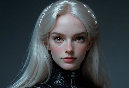 Stylized By Herg: Closeup Portrait, Hyperdetailed awesome Sci-fi Versace Advertisement, dark retro beautiful busty Female Borg, blushed Smile from below, thin face, blushed, Freckles, on the Enterprise in bedroom, very detailed, HD photorealistic, hyper realistic, masterpiece, Explore the somber tones and bleak atmosphere in your depiction, a slender, busty and shy woman in her twenties, living in a picturesque village. Focus on her tousled dark updo, revealing the graceful curve of her neck, Cat like natural eyes framed by freckles. Emphasize her quiet smiling and unassuming nature as she navigates the village with a sense of timidity. Dress her in earthy tones that complement her connection to the natural world.