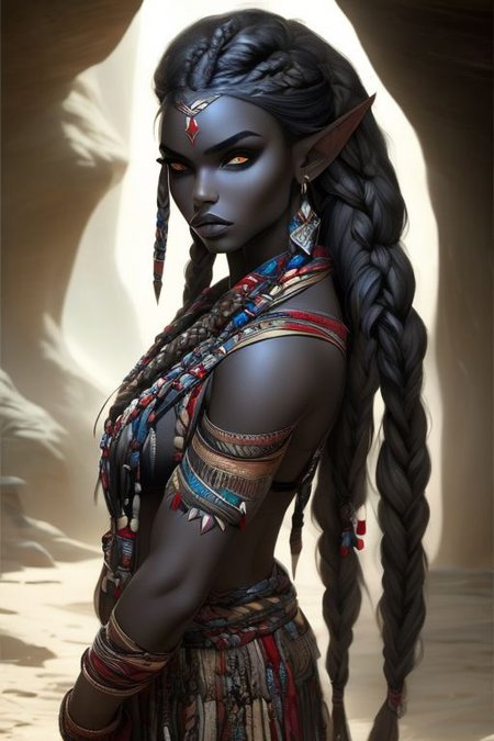 (masterpiece), best quality, expressive eyes, perfect face, hair in a braid, long hair, pointed ears, drow, cave man clothing, clothes from animal skin