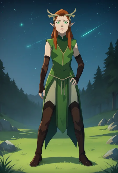 score_9, score_8_up, score_7_up, BREAK,
1girl, keyleth, ginger hair, green eyes, long hair, pointy ears,
antlers crown, freckles,
fingerless elbow gloves, green short robe, thighhighs, boots,
full body, looking at viewer, standing, contrapposto, night, starry sky, grass, moutains background     <lora:KeylethPDXL_byKonan:1>