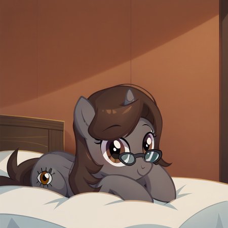 masterpiece, perfect detail, best high quality, source_pony, show accurate, cute, 1girl, solo, female, oc:sonata, glasses, pony, full body, butt, tail, laying on stomach, laying on bed, bed, bedroom, smile, closed mouth, beautiful, looking at viewer, score_9, score_8_up, score_7_up, score_6_up, score_5_up, score_4_up