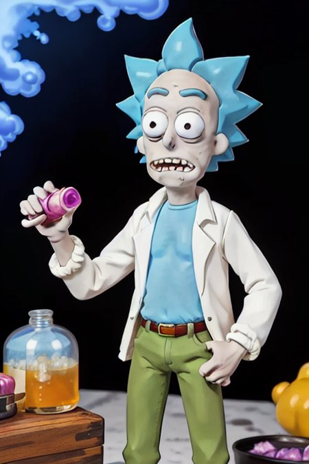 1man, (80's anime style),  <lora:rickSanchezLora_v10:0.4> Rick Sanchez, claymation working as alchemist in a lab, holding a vial, countertop, full body, gas, fumes, steam, ooze, toxic barrel <lora:akemiTakada1980sStyle_1:0.2>, takada akemi