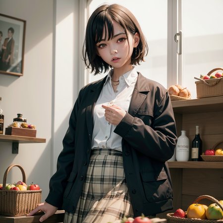 masterpiece, absurdres, high quality, realistic,
1girl, food, fruit, solo, skirt, shop, indoors, jacket, shopping, basket, jewelry, shirt, shelf, short hair, black hair, plaid skirt, black jacket, dutch angle, yellow eyes, looking at viewer