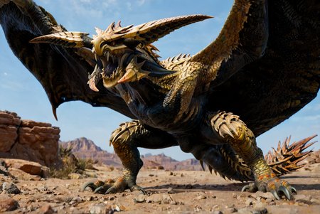 source_furry, score_9, score_8_up, score_7_up, (reydau_wilds, wyvern, feral), scalie, yellow scales, black underbelly, black scales, horns, fangs, teeth, sharp teeth, amber eyes, detailed eyes, long neck, spikes, claws, tail, spiked tail, winged arms, wings, <lora:MH_ReyDauPony:0.8>, outdoors, desert setting, from below, look at viewer, looking angry, open mouth, roaring, spreading wings, <lora:Add_DetailedEyesPony:0.8>, <lora:add-detail-xl:0.8>, zPDXL2, zPDXLpg, zPDXLrl, best quality, highly detailed, extreme details, masterpiece, photorealistic, hyperrealistic, ultra realistic, hdr, 4k, uhd, ray tracing, shaded