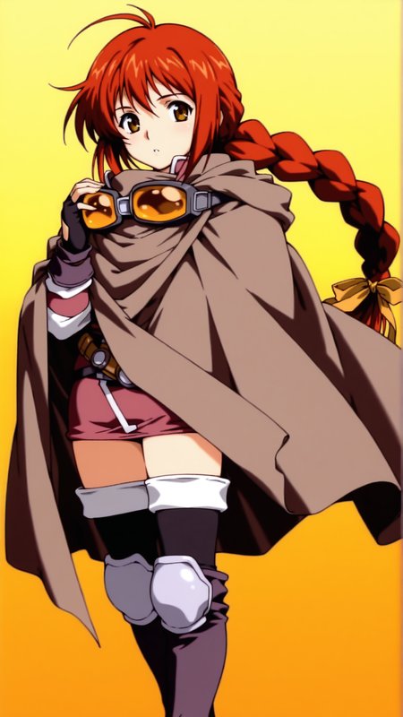 source_anime, general, best quality, masterpiece, 1girl,  <lora:honey_B_ill:1> honey_b\(gbattle\),braid, red hair,long hair,single braid,brown eyes,cloak,goggles, fingerless gloves,hair ribbon, thighhighs, knee boots,