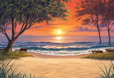 "beautiful evening beach scene on the southern coast of Russia in the style of 'Everlasting Summer', stunning red sunset, vivid red and orange hues in the sky, soft warm light reflecting off the gentle waves, a few lush green birch trees to the side, golden sandy shore, scattered seashells glistening in the fading light, calming and serene atmosphere, soft breeze rustling through the leaves, distant seagulls flying over the horizon, small bonfire with warm glow illuminating the sand, cozy beach chairs and a surfboard leaning against a birch tree, a couple of lanterns casting soft shadows, gentle lapping of waves on the shore, romantic and inviting ambiance, highly detailed, vibrant colors, ultra-high-definition, cinematic composition, digital painting, visual novel style, inspired by 'Everlasting Summer'"