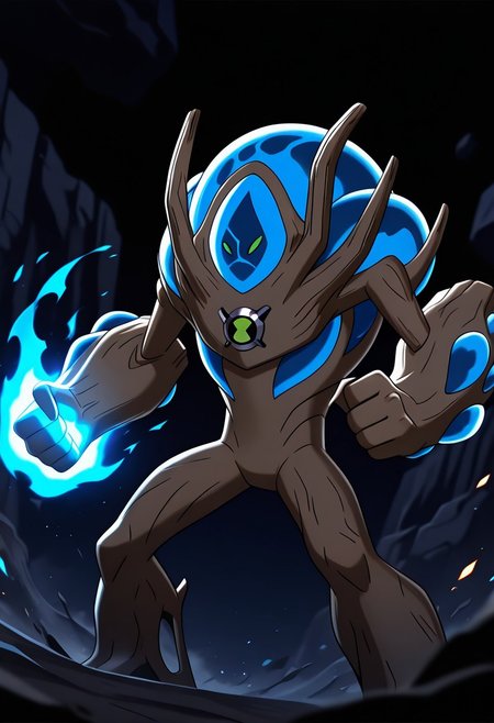 masterpiece, best quality, amazing quality, very aesthetic, absurdres, newest,
,ultswam, standing, pokemon (creature), solo, green eyes, monster, brown skin, alien, massive arms, no humans, 
black desert, black sand,  blue fire, blue flames, shooting fire, pose, incoming punch, blue magic punch, particle effects, foreground blur, blue flames blurry,