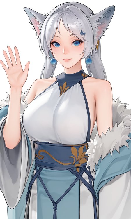 score_9, score_8_up, score_7_up, game cg,
waving hands, hand up, spread fingers, 
yunmengyi, 1girl, ((looking at viewer)), blue eyes, fur trim, animal ears, bare shoulders,large breasts,  low twintails, earrings, wide sleeves, grey hair, hair ornament, mole under eye,
blush, shy, closed mouth, smile, 
simple background, white background,
<lora:YunMengYi_PonyXL:1>