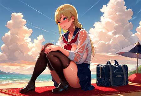 score_9, score_8_up, score_7_up, hetero, cleavage, skindentation, detailed background, scenery, window, sky, table, lamp, painting (object), cloud, red pillow, red couch, ocean, bluesky, day, carpet, 1girl, straight blonde hair, low-tied long hair, asymmetric bangs, big butt, big breast, black footwear, black thighhighs, Loafers, oiled body, sweaty body, wet, see through, blush, thick lips, red lips, sitting, full body, view from side, looking ahead, leaning foward, clollarbone, school bag, white shirt, pleated skirt, blue skirt, neckerchief, red neckerchief, closed mouth, wavy mouth, 3:, hands on own knees