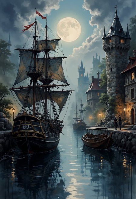 A dinkfsn style ink wash painting, pirate galleons moored in a fantasy harbour town dock, silhouetted at night, dim moonlight, chiascuro