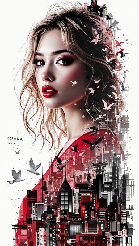 photorealistic poster ink art, Silhouette Art, magnificent, double exposure, crisp lines, Osaka cityscape below and to side of closeup portrait of stunning japanese woman, blonde loose hair, dark eyeshadow, red lips, direct gaze, red dress