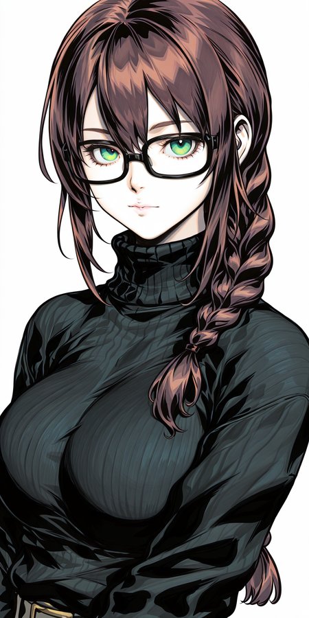 {{amazing quality, best quality, high quality, very aesthetic}}, 1girl, solo, looking at viewer, simple background, large breasts, brown hair, single braid, green eyes, glasses, expressionless, black sweater, turtleneck
 <lora:Artgerm_Sketch_Illustrious:1>