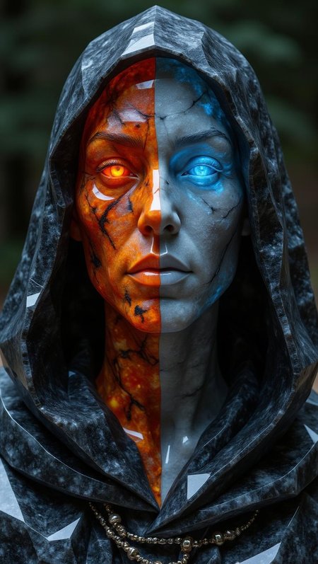 <lora:ck-polygon-gems-0019.safetensors:1> a crafted gemstone model in the style of cklg featuring a
A split-face portrait with two distinct halves: a fiery red and orange "lava" left side, and a cool blue "ice" right side, mirrored by a hooded cloak. Dramatic lighting enhances texture and color depth.