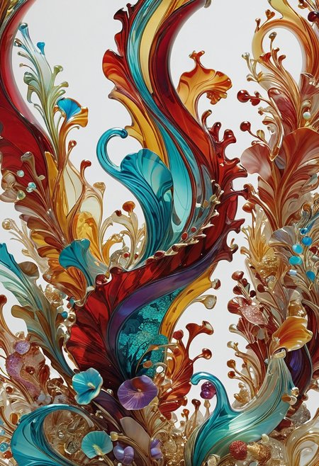  made out of,colorful,liquid,Murano Art glass,
A fish, scales transformed into overlapping shards of crimson and gold glass, each spine a delicate spire of blown glass, navigates a coral reef sculpted from turquoise and amethyst.