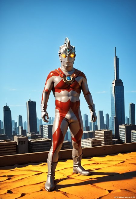 score_9, score_8_up, score_7_up, score_6_up, score_5_up, score_4_up, male focus, photo realistic, solo,1boy,cowboy shot,4K, best quality, no human, ultraman ace, one hole in the headdress, no face, standing, Tokyo cityscape, half the height of a skyscraper, giant,  silver glove and boots, standing, silver helmet, no eyes, no nose, no mouth, yellow glowing eyes, gloves, silver rubber bodysuit with red line, giant, normal body type, Photography, stvmccrr style, stvmccrr